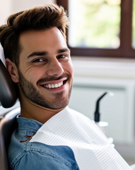 Young man showing off his new dental bridge 