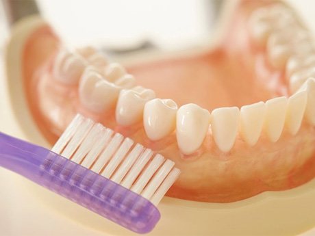 dentures being cleaned with a toothbrush