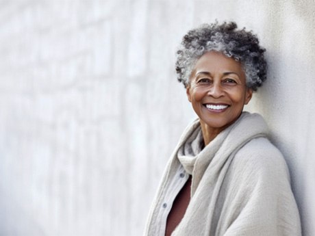 Senior woman in sweater leaning against wall  