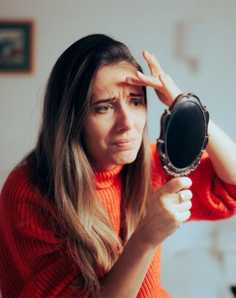 Huntsville patient touching face and looking worried in mirror